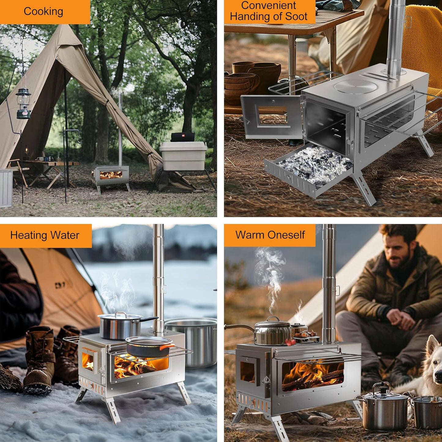 Tragbarer Holzofen aus Edelstahl mit Rauchrohr-System – Camping Zeltofen für Outdoor Kochen & Garten
