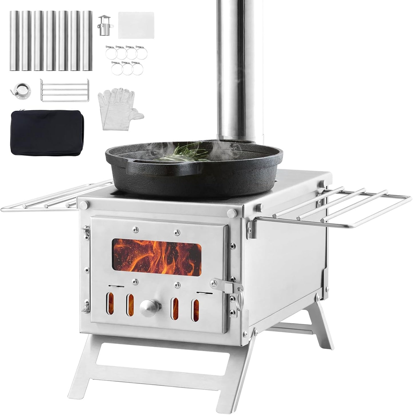 Tragbarer Zeltofen aus Edelstahl mit Rauchrohr-System – Holzofen für Camping, Outdoor Kochen & Wärmen
