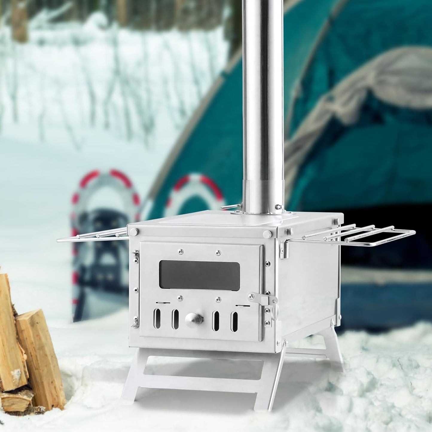 Tragbarer Zeltofen aus Edelstahl mit Rauchrohr-System – Holzofen für Camping, Outdoor Kochen & Wärmen