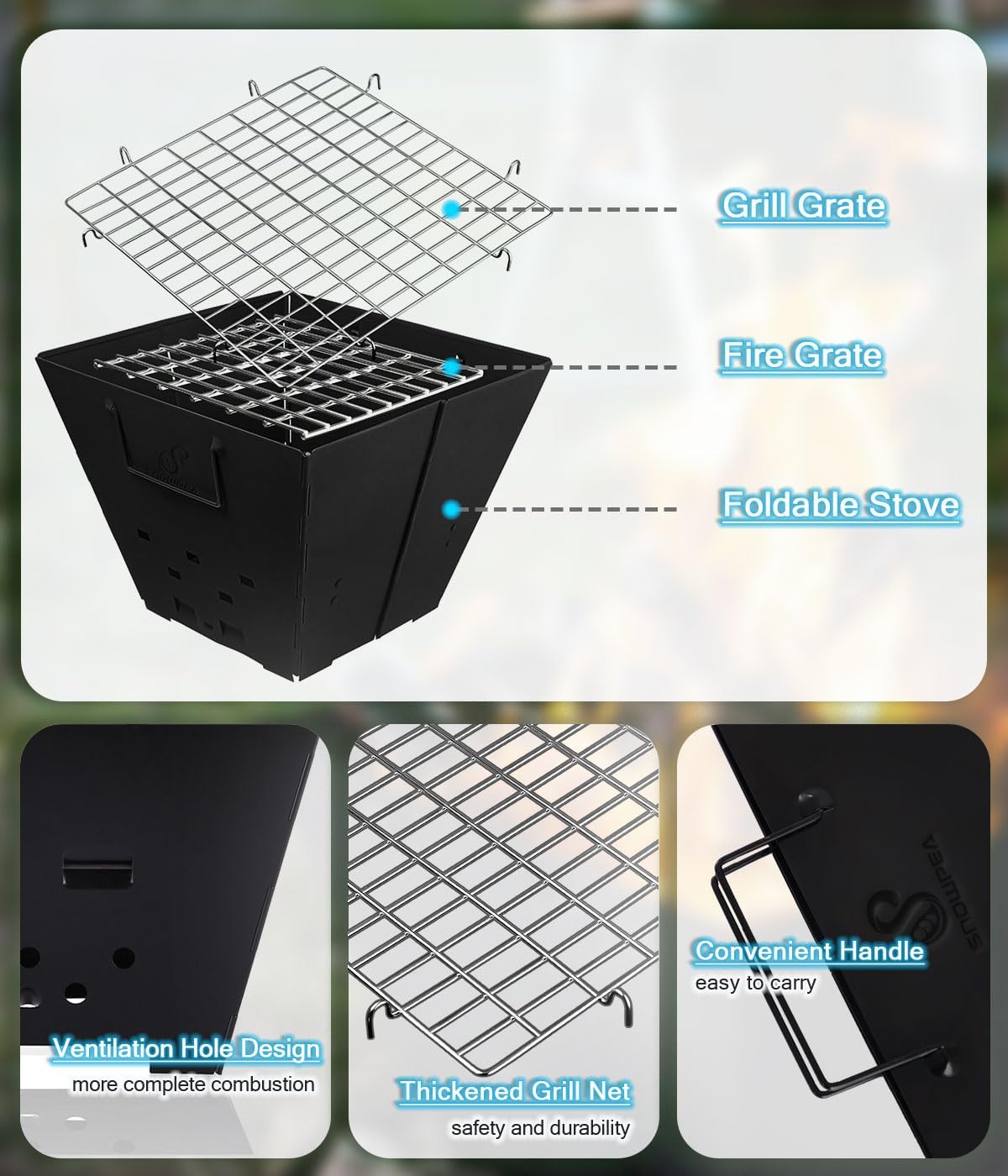 Tragbare Feuerstelle aus Metall mit Grillrost – Outdoor Feuerschale für Camping, Garten & Picknick