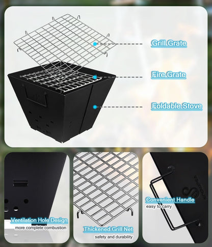 Tragbare Feuerstelle aus Metall mit Grillrost – Outdoor Feuerschale für Camping, Garten & Picknick