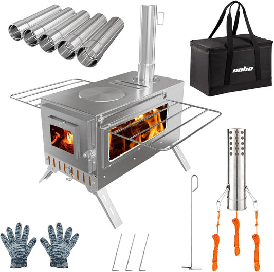 Tragbarer Holzofen aus Edelstahl mit Rauchrohr-System – Camping Zeltofen für Outdoor Kochen & Garten
