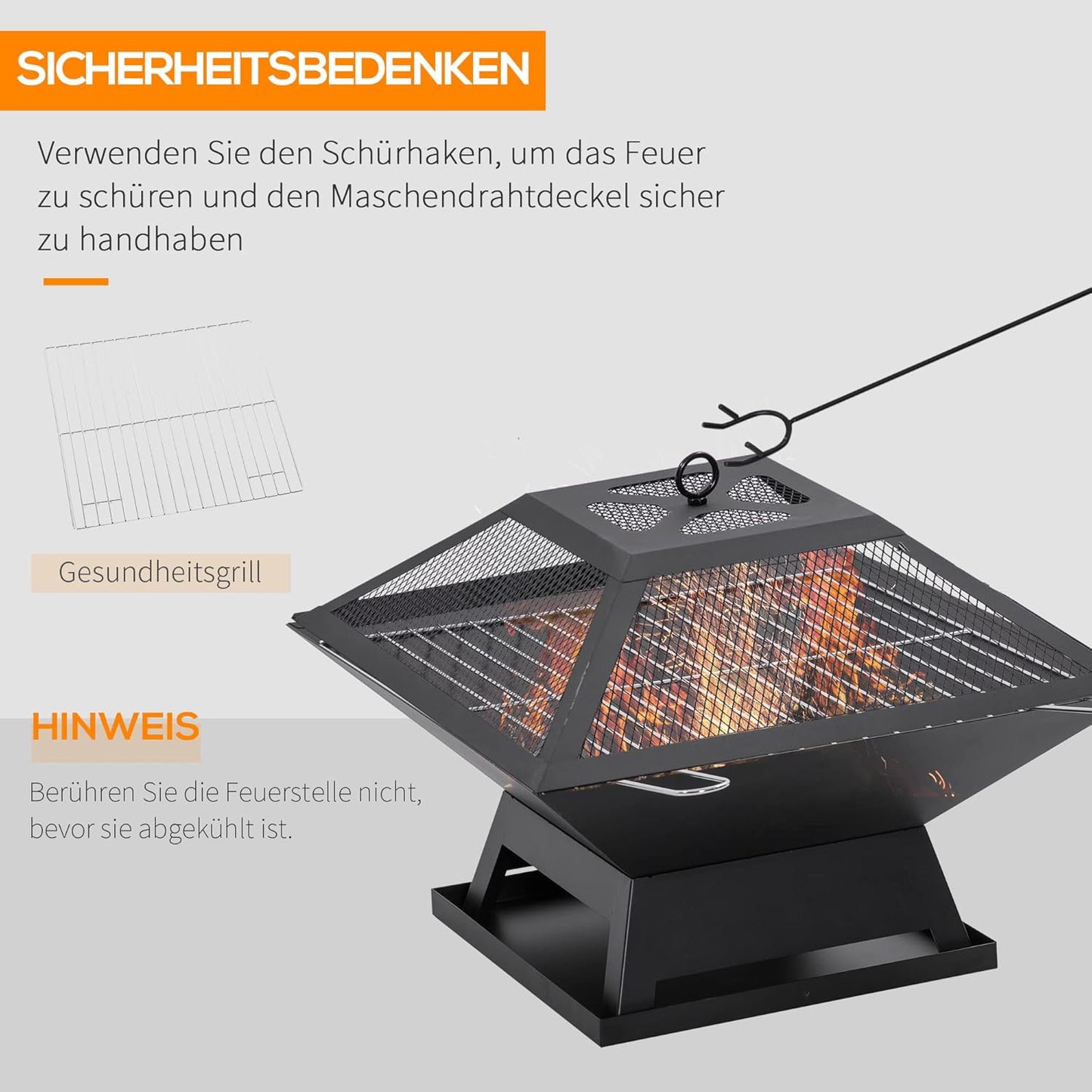 Feuerschale aus Edelstahl mit Funkenschutz & Schürhaken – Feuerstelle für Garten, Balkon & Camping