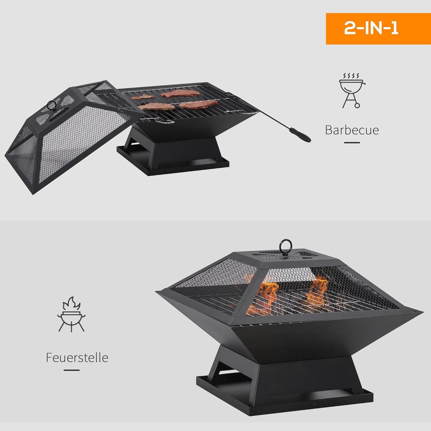 Feuerschale aus Edelstahl mit Funkenschutz & Schürhaken – Feuerstelle für Garten, Balkon & Camping