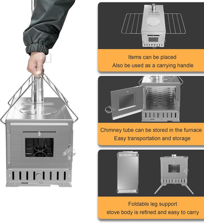 Tragbarer Holzofen aus Edelstahl mit Rauchrohr-System – Camping Zeltofen für Outdoor Kochen & Garten