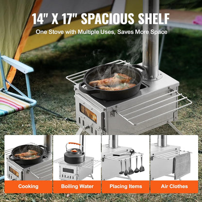 Tragbarer Zeltofen aus Edelstahl mit Rauchrohr-System – Holzofen für Camping, Outdoor Kochen & Wärmen