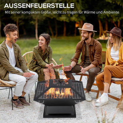 Feuerschale aus Edelstahl mit Funkenschutz & Schürhaken – Feuerstelle für Garten, Balkon & Camping