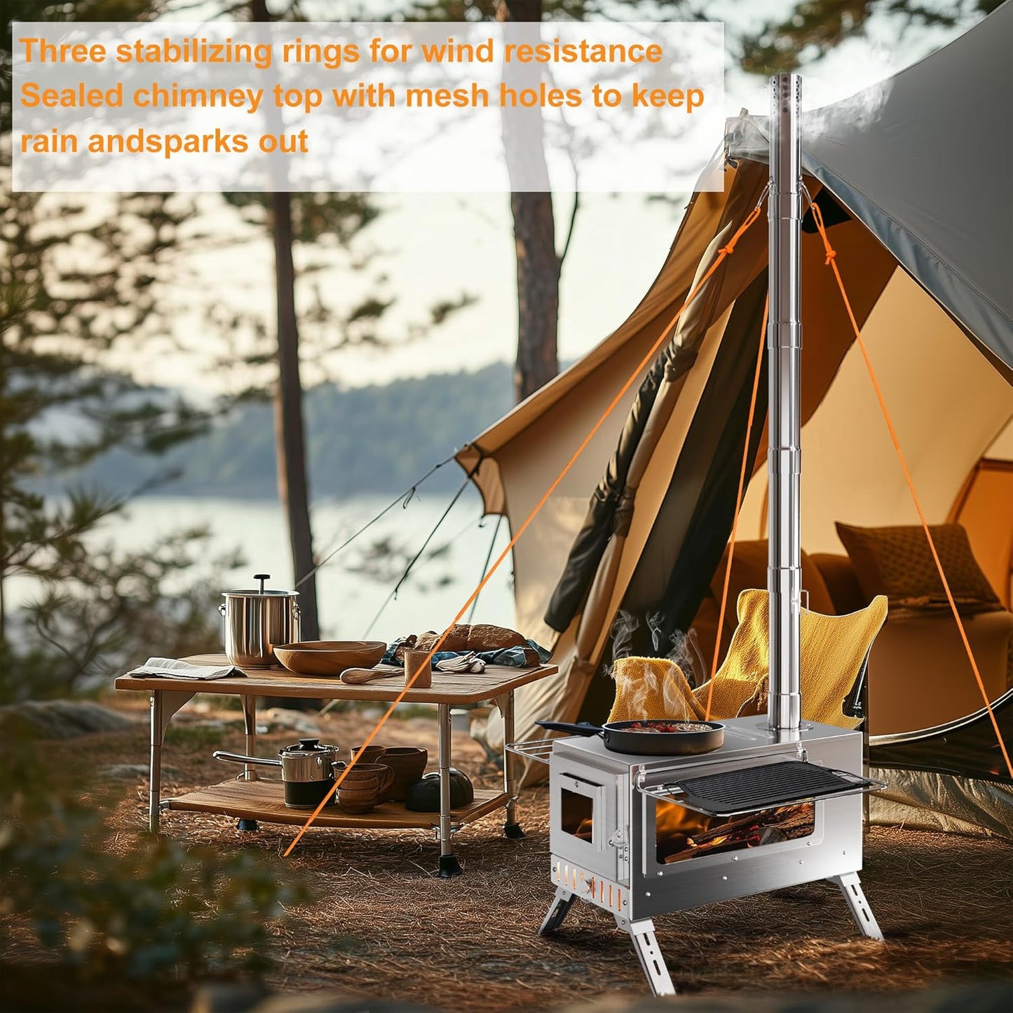 Tragbarer Holzofen aus Edelstahl mit Rauchrohr-System – Camping Zeltofen für Outdoor Kochen & Garten
