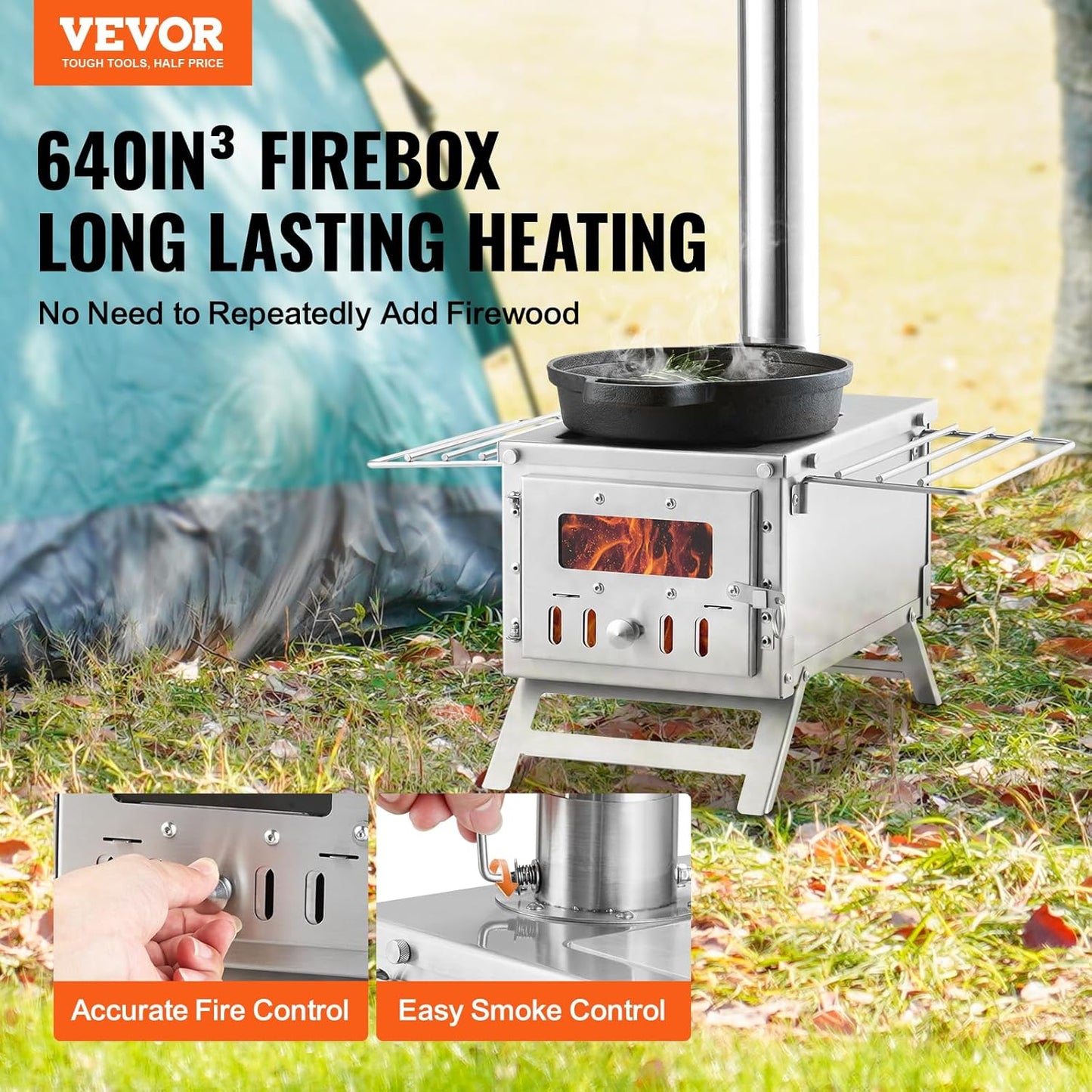Tragbarer Zeltofen aus Edelstahl mit Rauchrohr-System – Holzofen für Camping, Outdoor Kochen & Wärmen