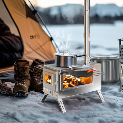 Tragbarer Holzofen aus Edelstahl mit Rauchrohr-System – Camping Zeltofen für Outdoor Kochen & Garten