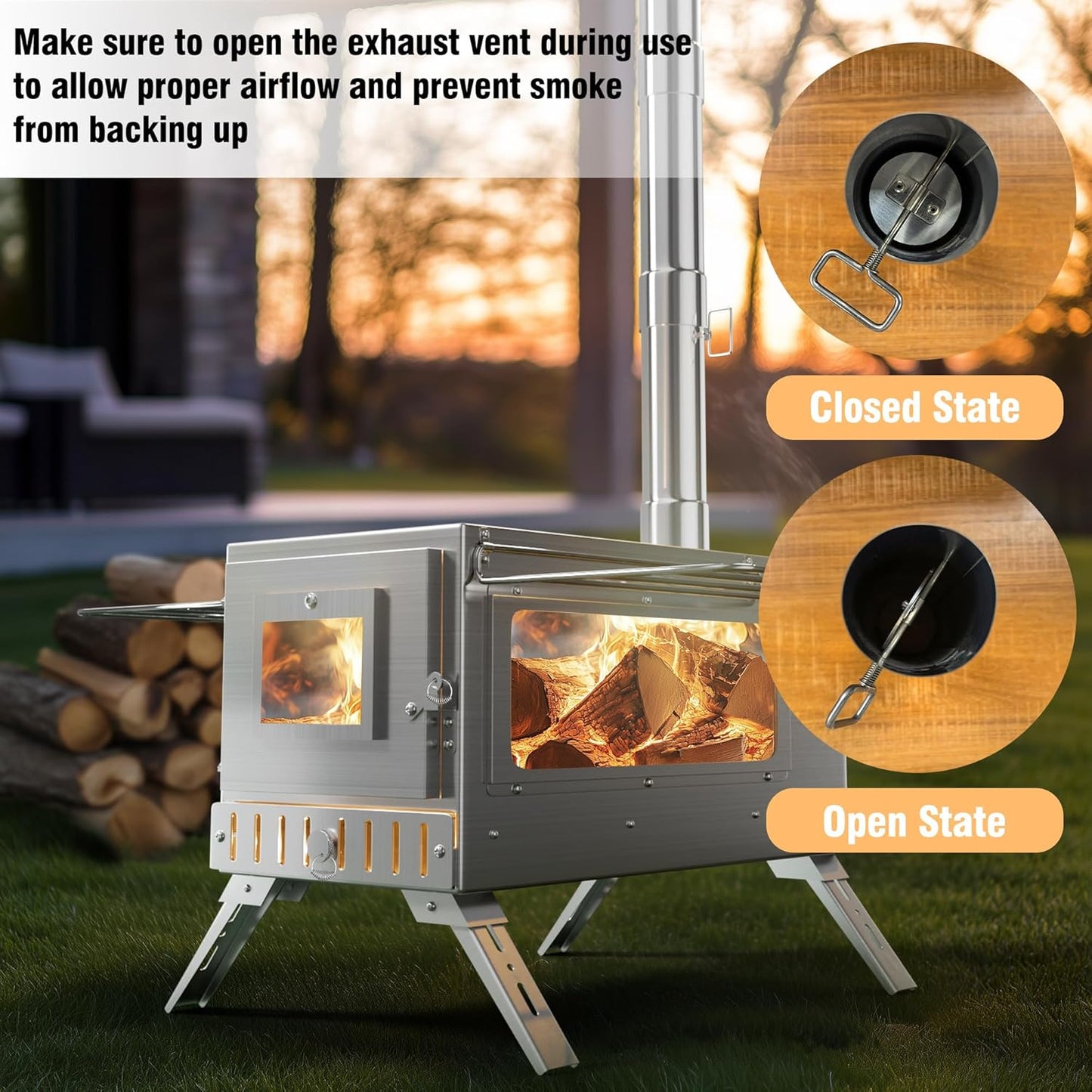Tragbarer Holzofen aus Edelstahl mit Rauchrohr-System – Camping Zeltofen für Outdoor Kochen & Garten